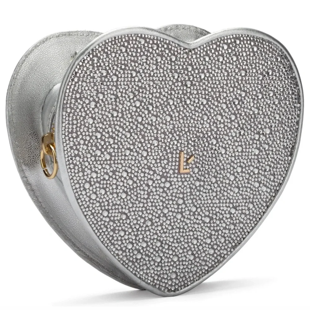 Larroude Heartbreaker Crossbody Bag In Crystal and Light Gray Vegan Suede NWT - Picture 2 of 14